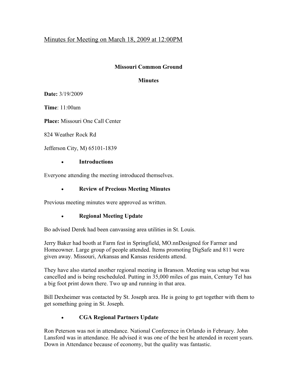 Minutes for Meeting on June 18, 2009 at 12:00PM