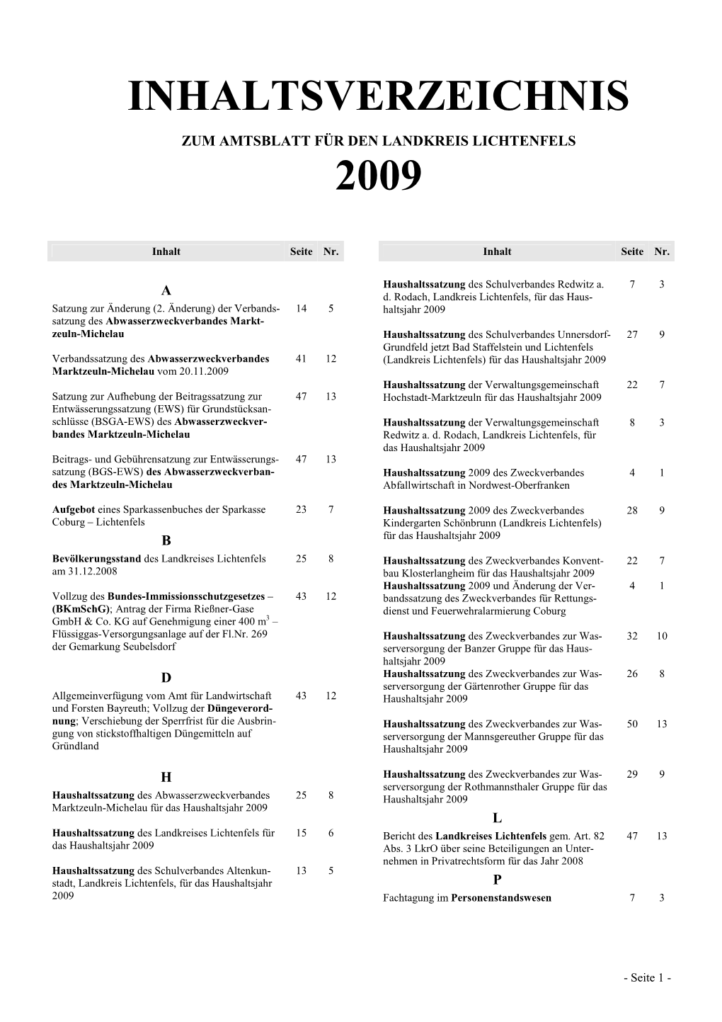 Inhaltsverzeichnis 2009