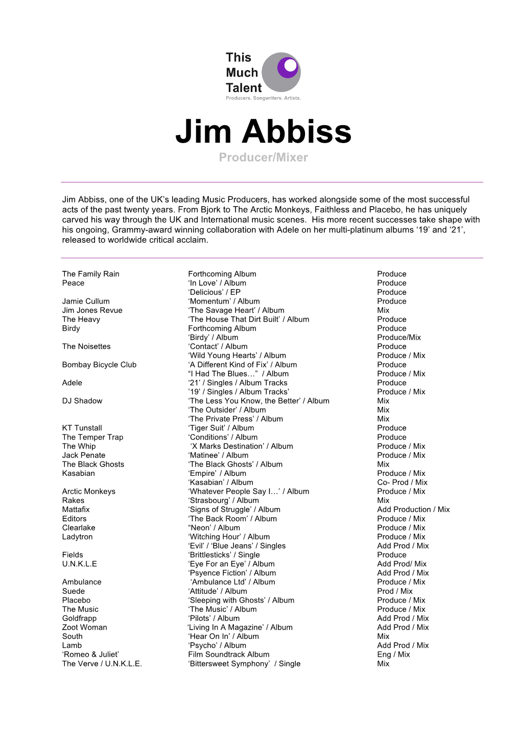 Jim Abbiss Complete CV