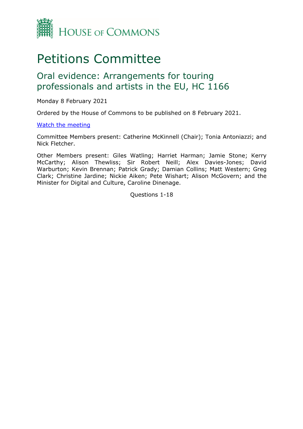 E-Petition Session Has Been Scheduled to Give Members from Across the House an Opportunity to Discuss Arrangements for Touring Professionals and Artists in the EU