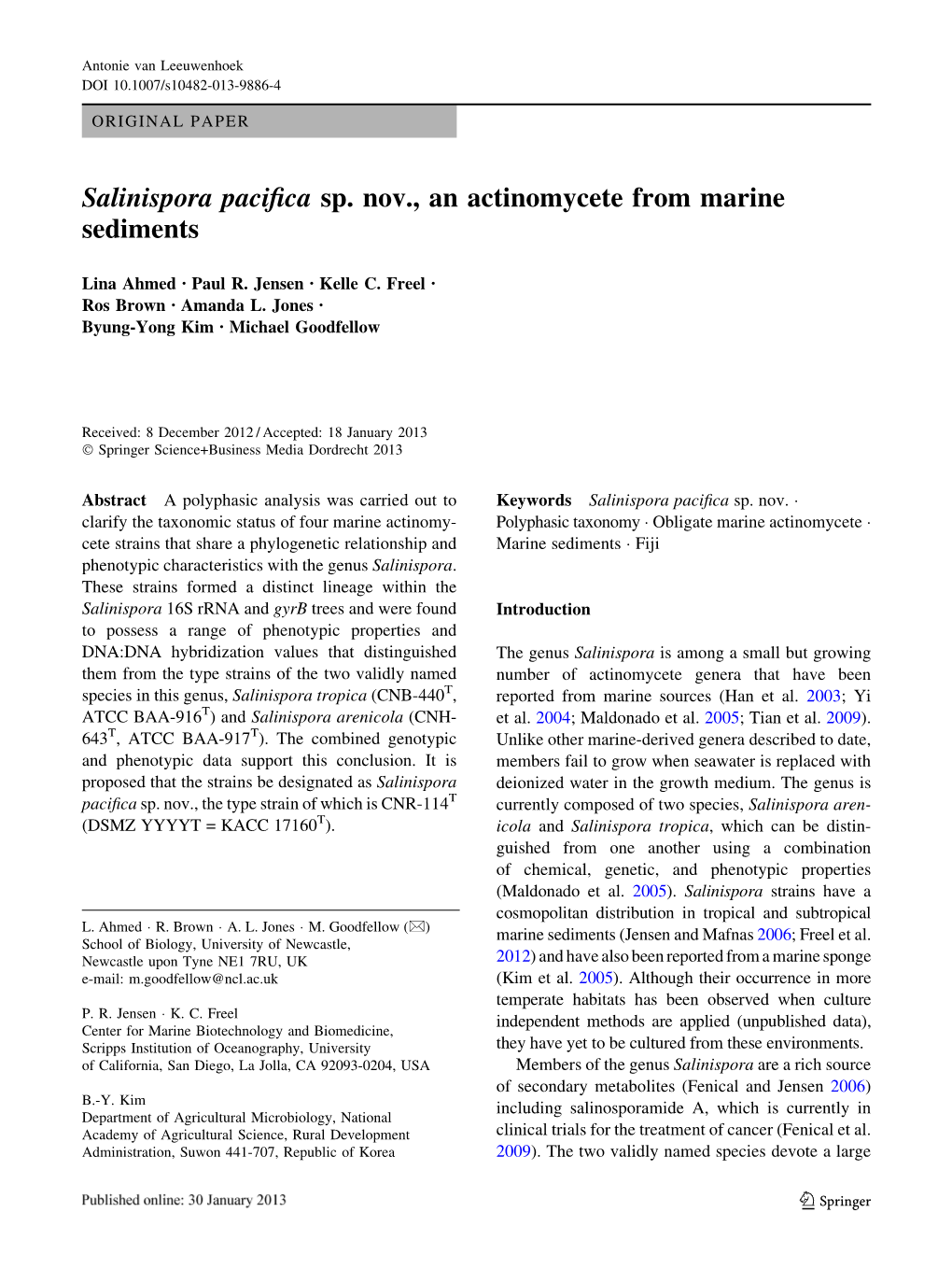 Salinispora Pacifica Sp. Nov., an Actinomycete from Marine Sediments