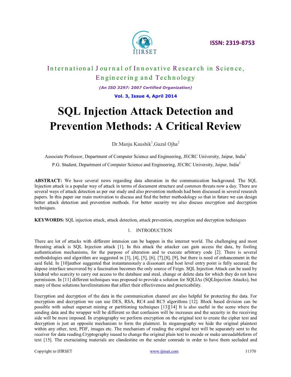 SQL Injection Attack Detection and Prevention Methods: a Critical Review