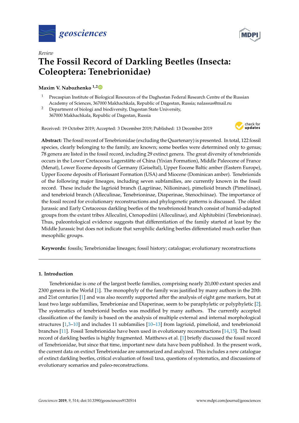 The Fossil Record of Darkling Beetles (Insecta: Coleoptera: Tenebrionidae)