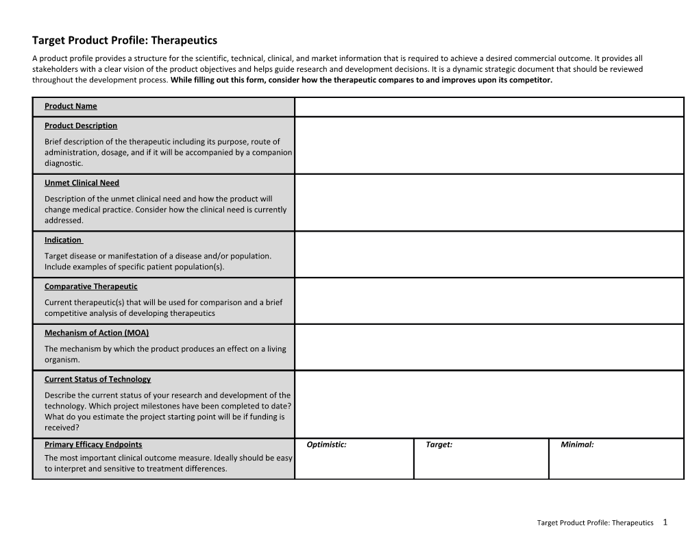 Target Product Profile: Therapeutics