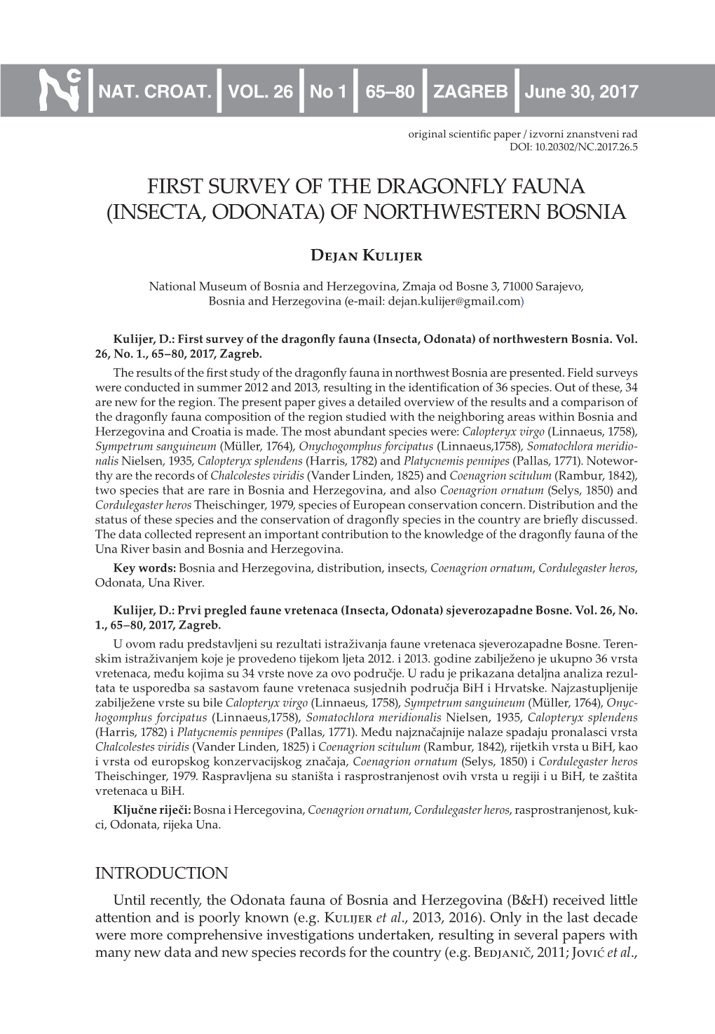 First Survey of the Dragonfly Fauna (Insecta, Odonata) of Northwestern Bosnia