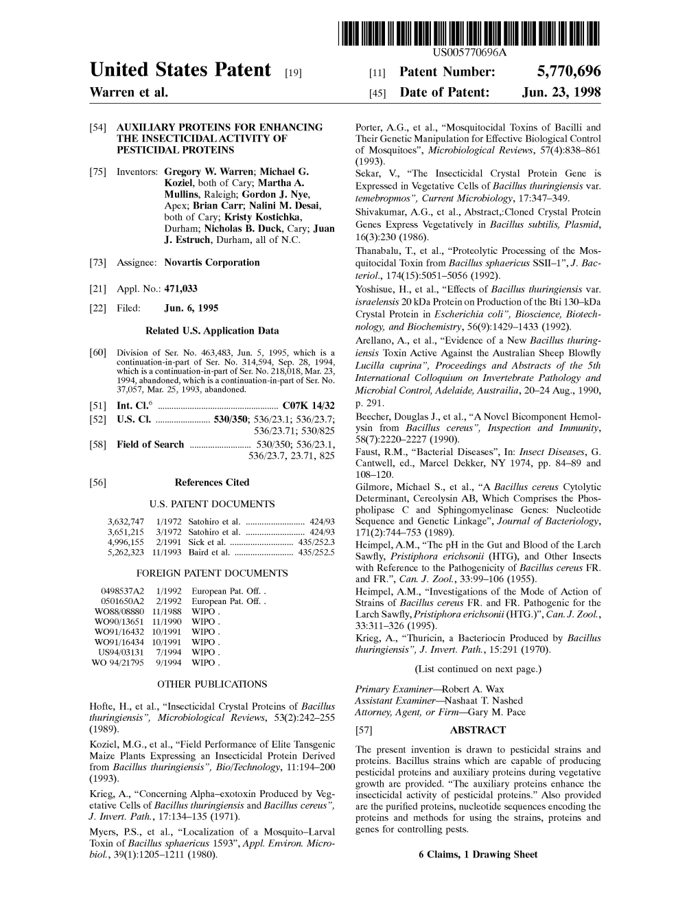 United States Patent (19) 11 Patent Number: 5,770,696 Warren Et Al