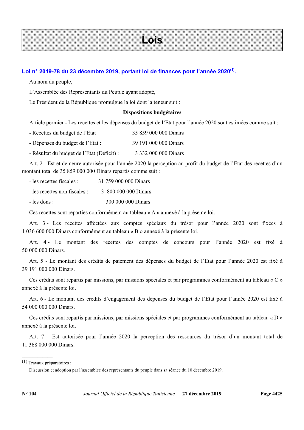 Loi N° 2019-78 Du 23 Décembre 2019, Portant Loi De Finances Pour L’Année 2020(1)