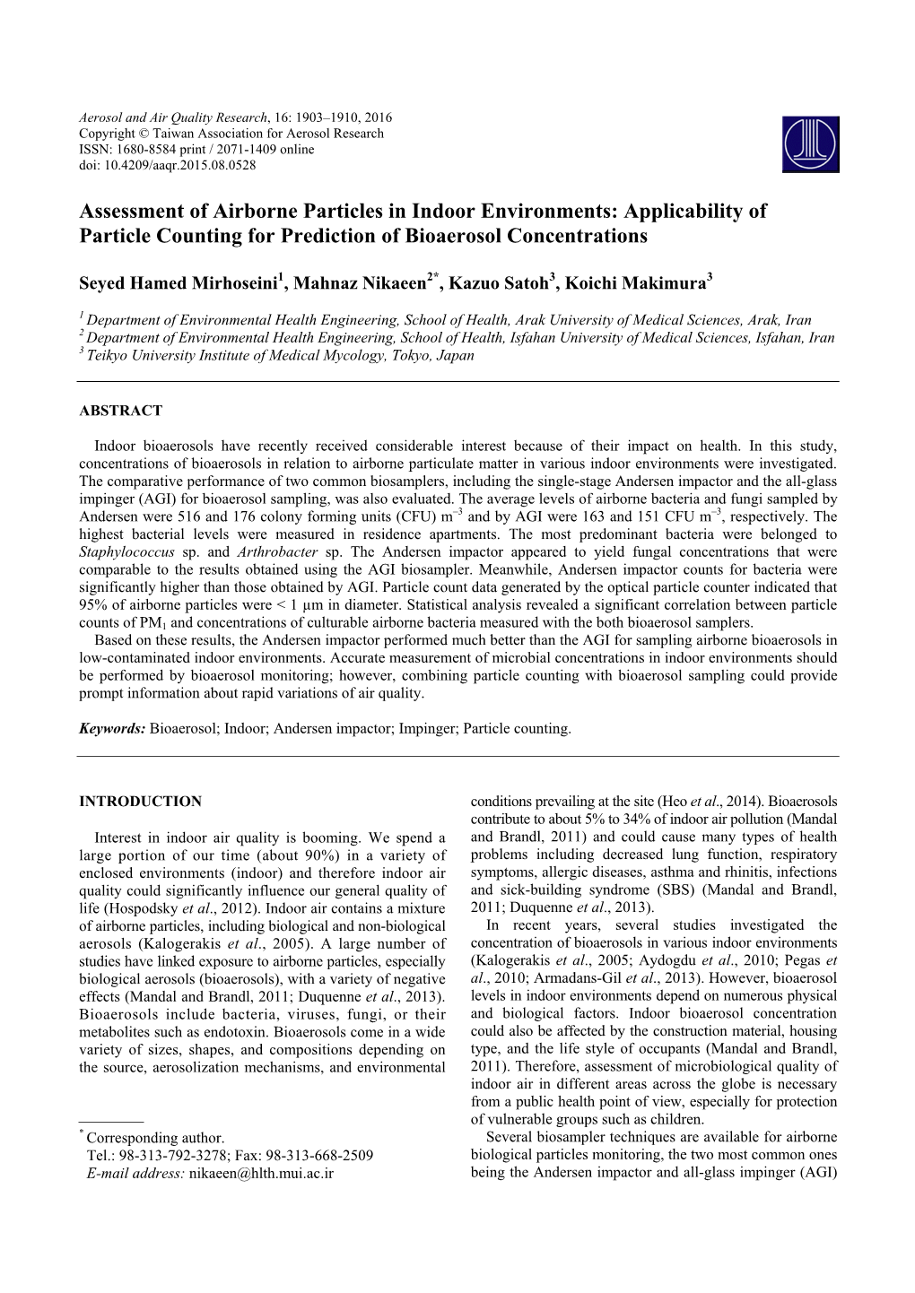 Assessment of Airborne Particles in Indoor Environments: Applicability of Particle Counting for Prediction of Bioaerosol Concentrations