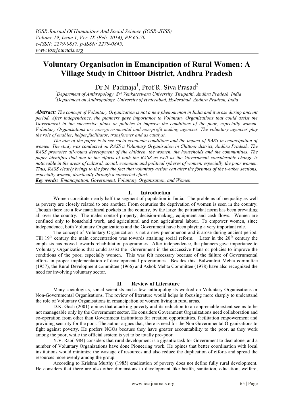 Voluntary Organisation in Emancipation of Rural Women: a Village Study in Chittoor District, Andhra Pradesh