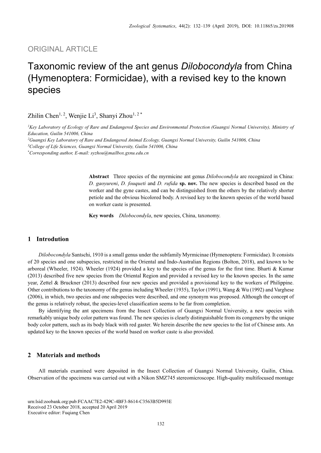 Taxonomic Review of the Ant Genus Dilobocondyla from China (Hymenoptera: Formicidae), with a Revised Key to the Known Species