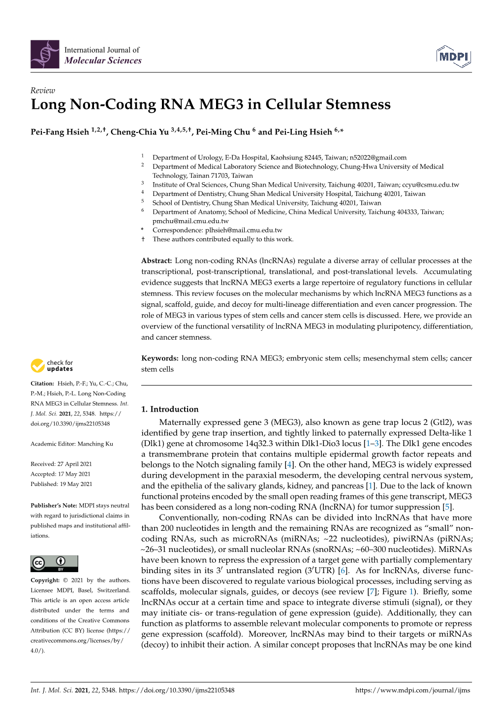 Long Non-Coding RNA MEG3 in Cellular Stemness