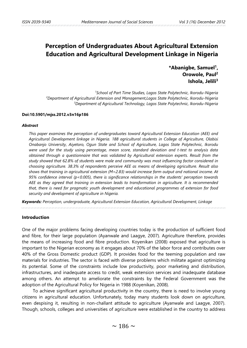 Perception of Undergraduates About Agricultural Extension Education and Agricultural Development Linkage in Nigeria