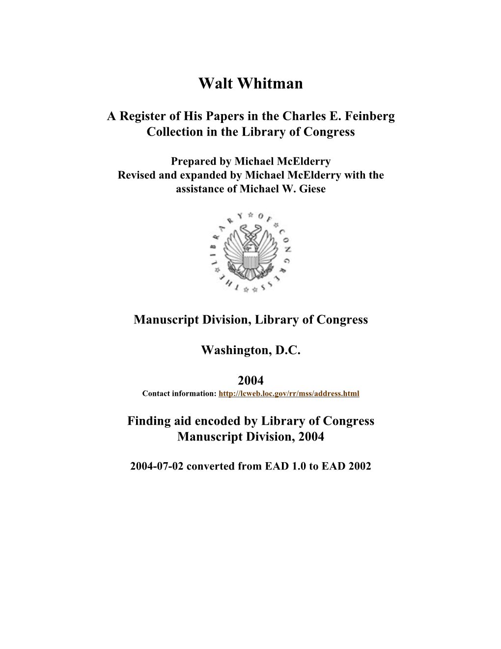 Papers of Walt Whitman in the Charles E. Feinberg Collection [Finding Aid