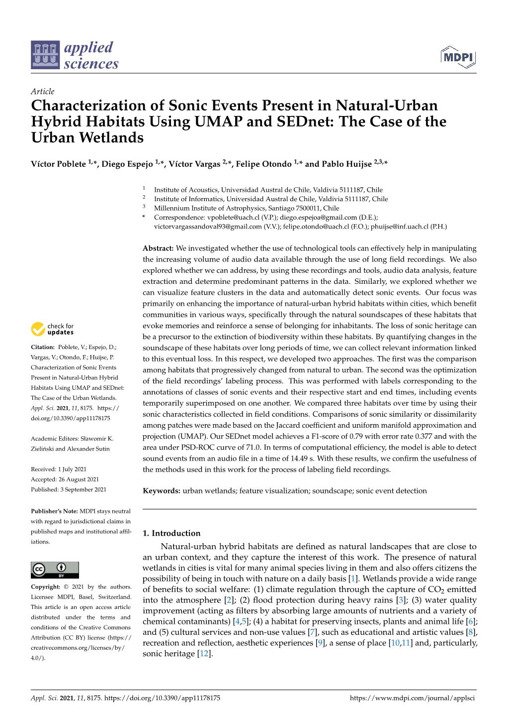 Characterization of Sonic Events Present in Natural-Urban Hybrid Habitats Using UMAP and Sednet: the Case of the Urban Wetlands