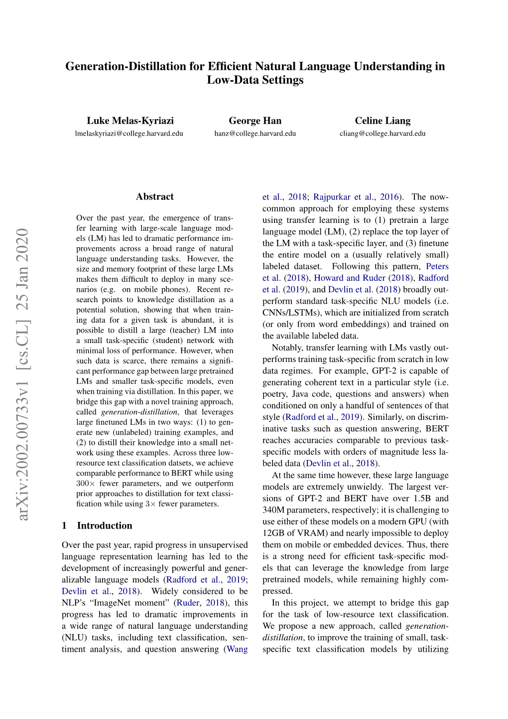 Generation-Distillation for Efficient Natural Language Understanding in Low-Data Settings