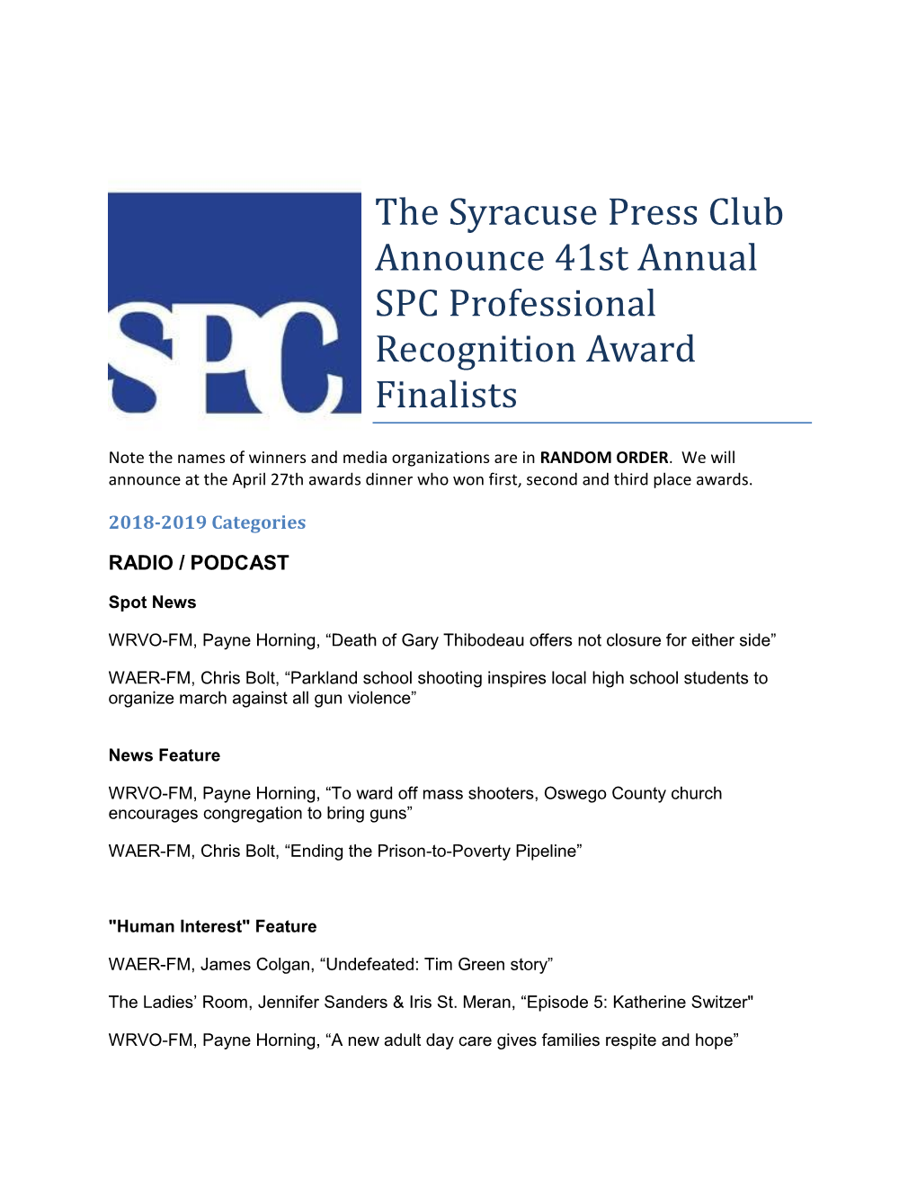 The Syracuse Press Club Announce 41St Annual SPC Professional Recognition Award Finalists