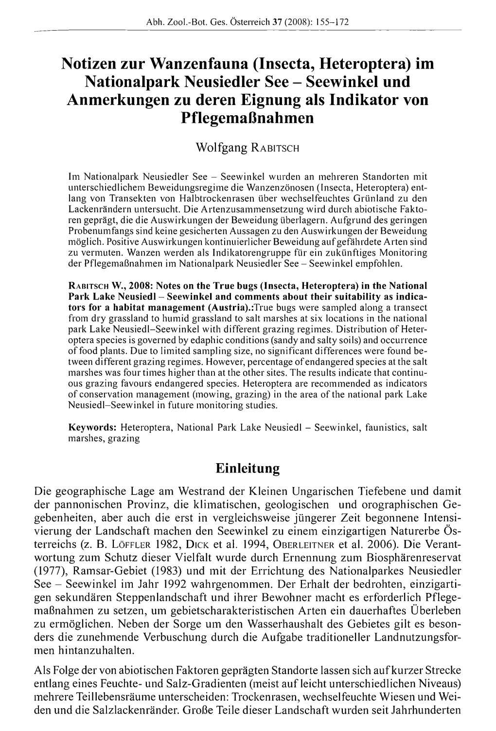 Notizen Zur Wanzenfauna (Insecta, Heteroptera) Im Nationalpark Neusiedler See - Seewinkel Und Anmerkungen Zu Deren Eignung Als Indikator Von Pflegemaßnahmen