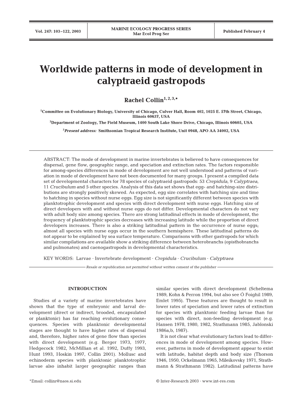 Worldwide Patterns in Mode of Development in Calyptraeid Gastropods