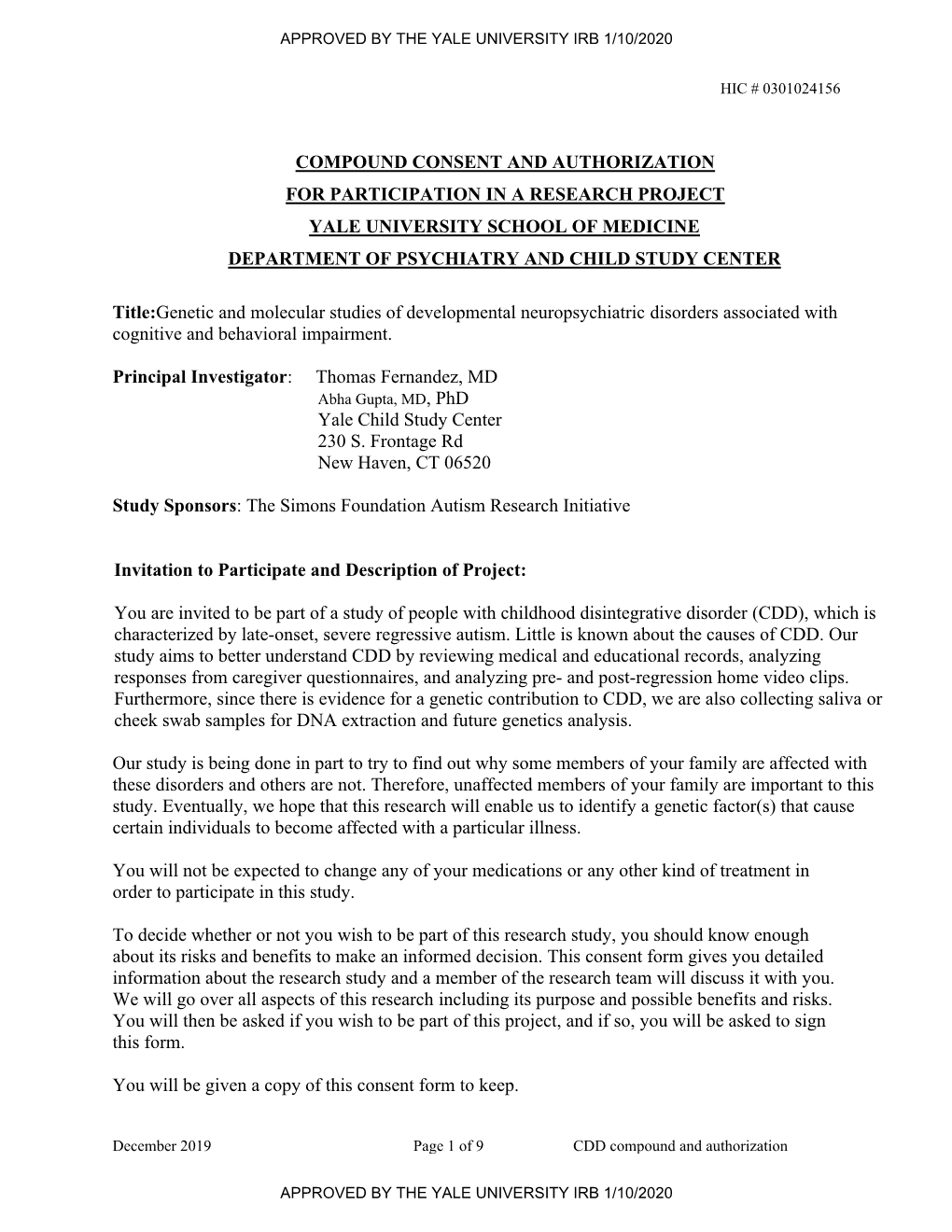 Compound Consent and Authorization for Participation in a Research Project Yale University School of Medicine Department of Psychiatry and Child Study Center