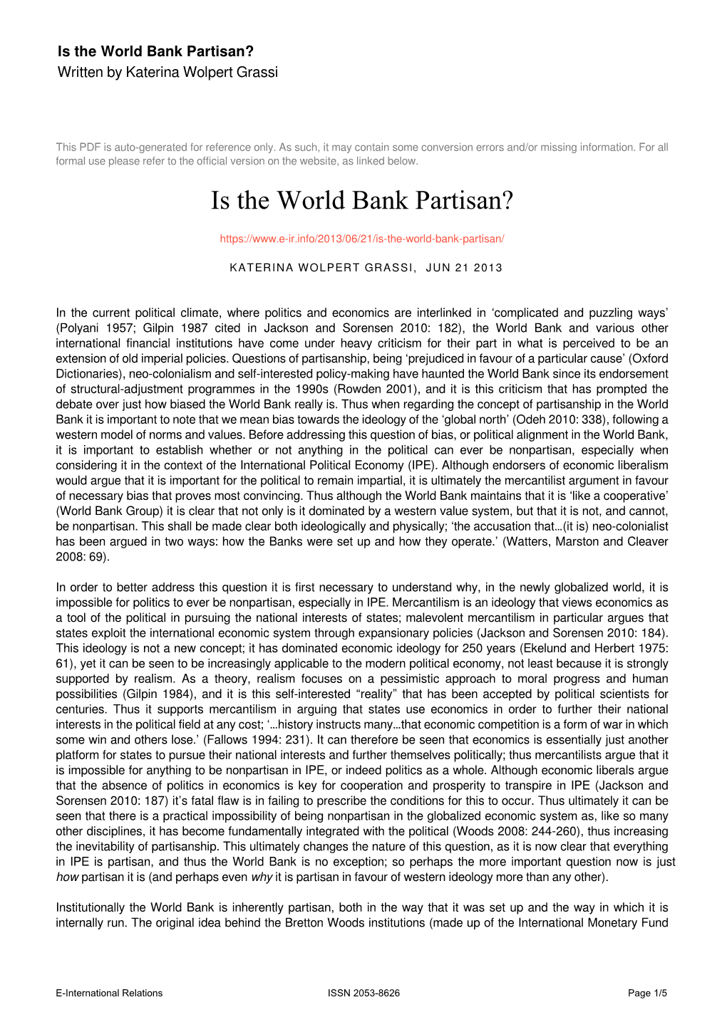 Is the World Bank Partisan? Written by Katerina Wolpert Grassi