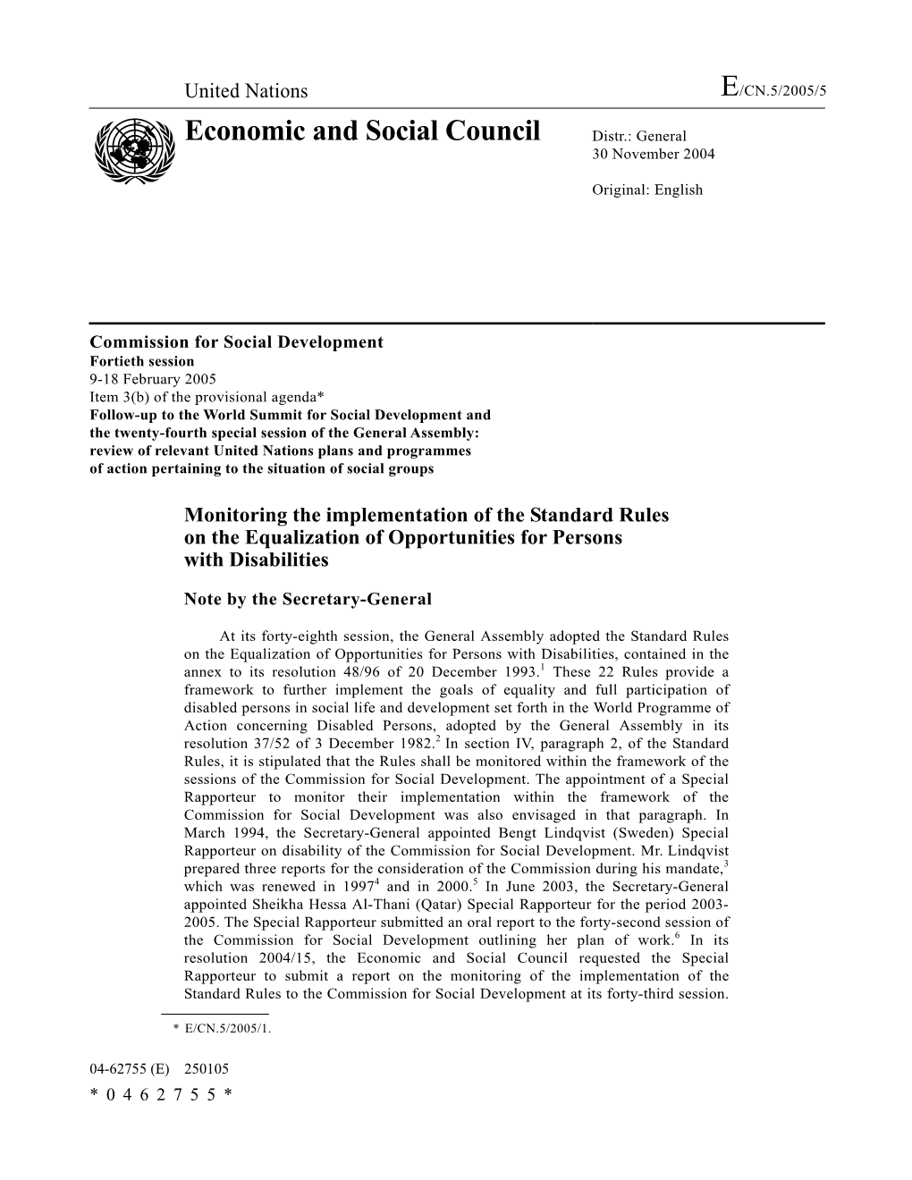 Economic and Social Council Distr.: General 30 November 2004