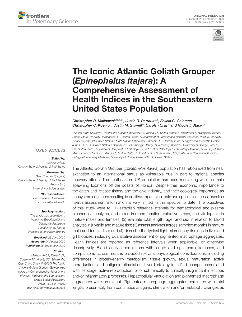 The Iconic Atlantic Goliath Grouper (Epinephelus Itajara): a Comprehensive Assessment of Health Indices in the Southeastern United States Population