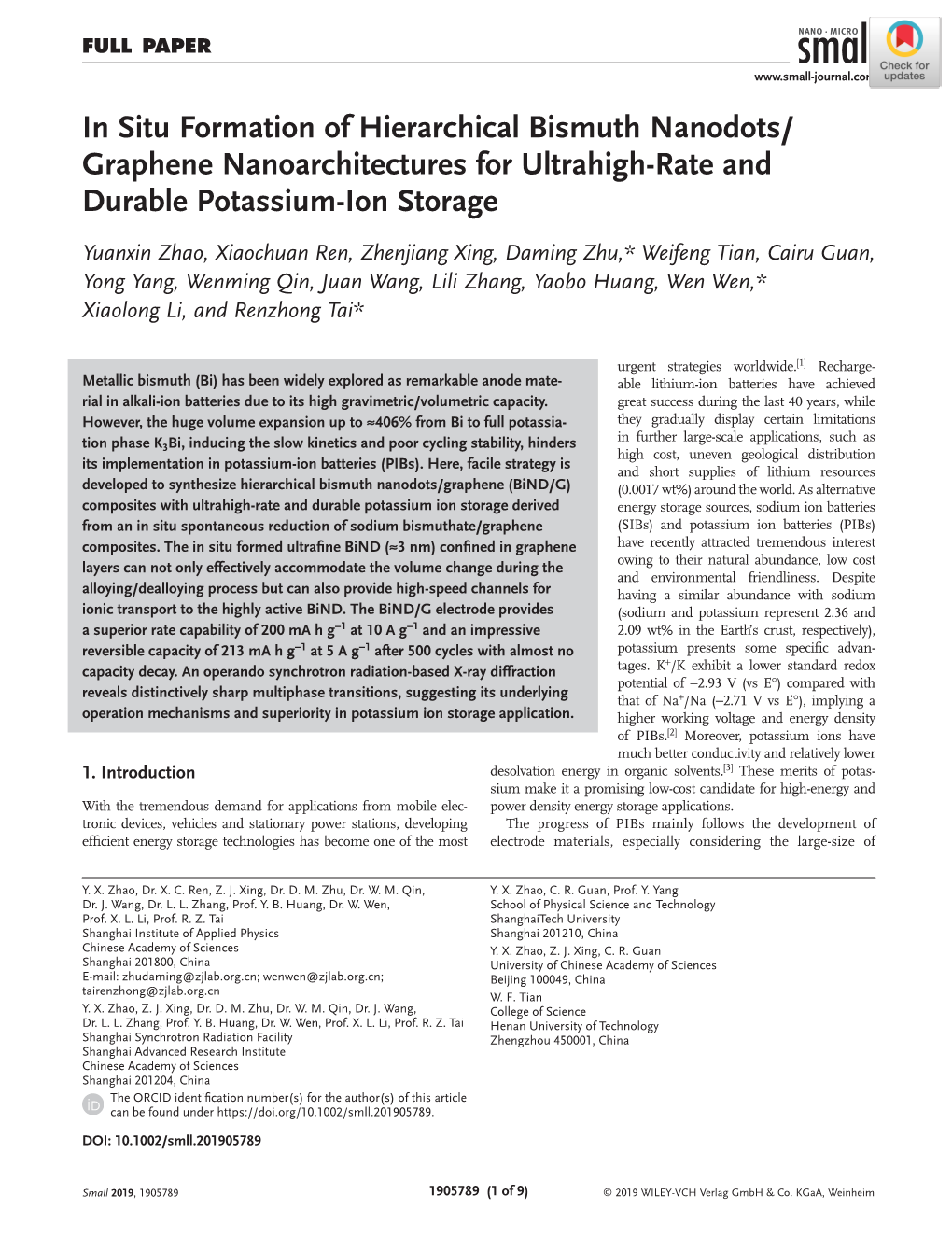 In Situ Formation of Hierarchical Bismuth Nanodots/Graphene Nanoarchitectures for Ultrahigh‐Rate and Durable Potassium‐Ion S