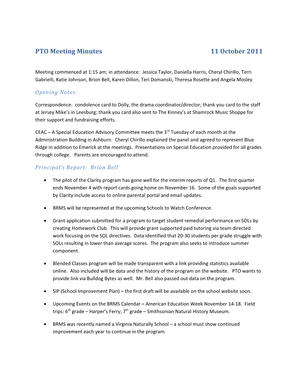 PTO Meeting Minutes 11 October 2011