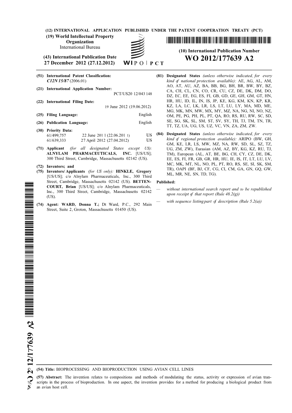 WO 2012/177639 A2 27 December 2012 (27.12.2012) P O P C T