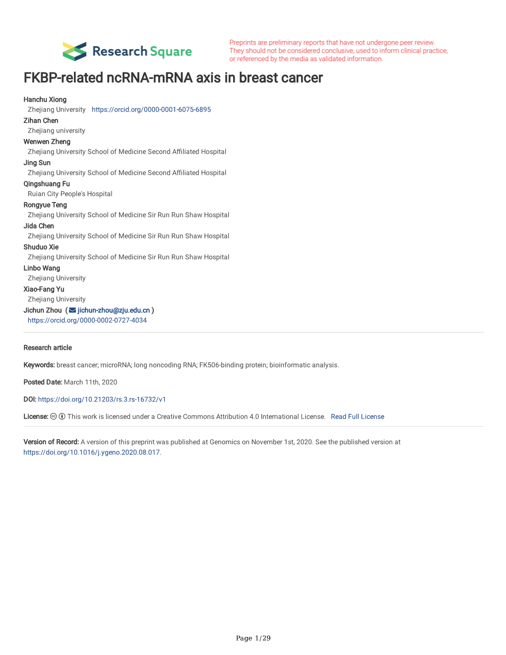 FKBP-Related Ncrna-Mrna Axis in Breast Cancer