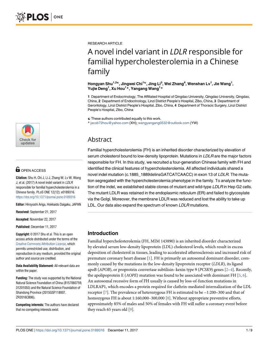 A Novel Indel Variant in LDLR Responsible for Familial Hypercholesterolemia in a Chinese Family