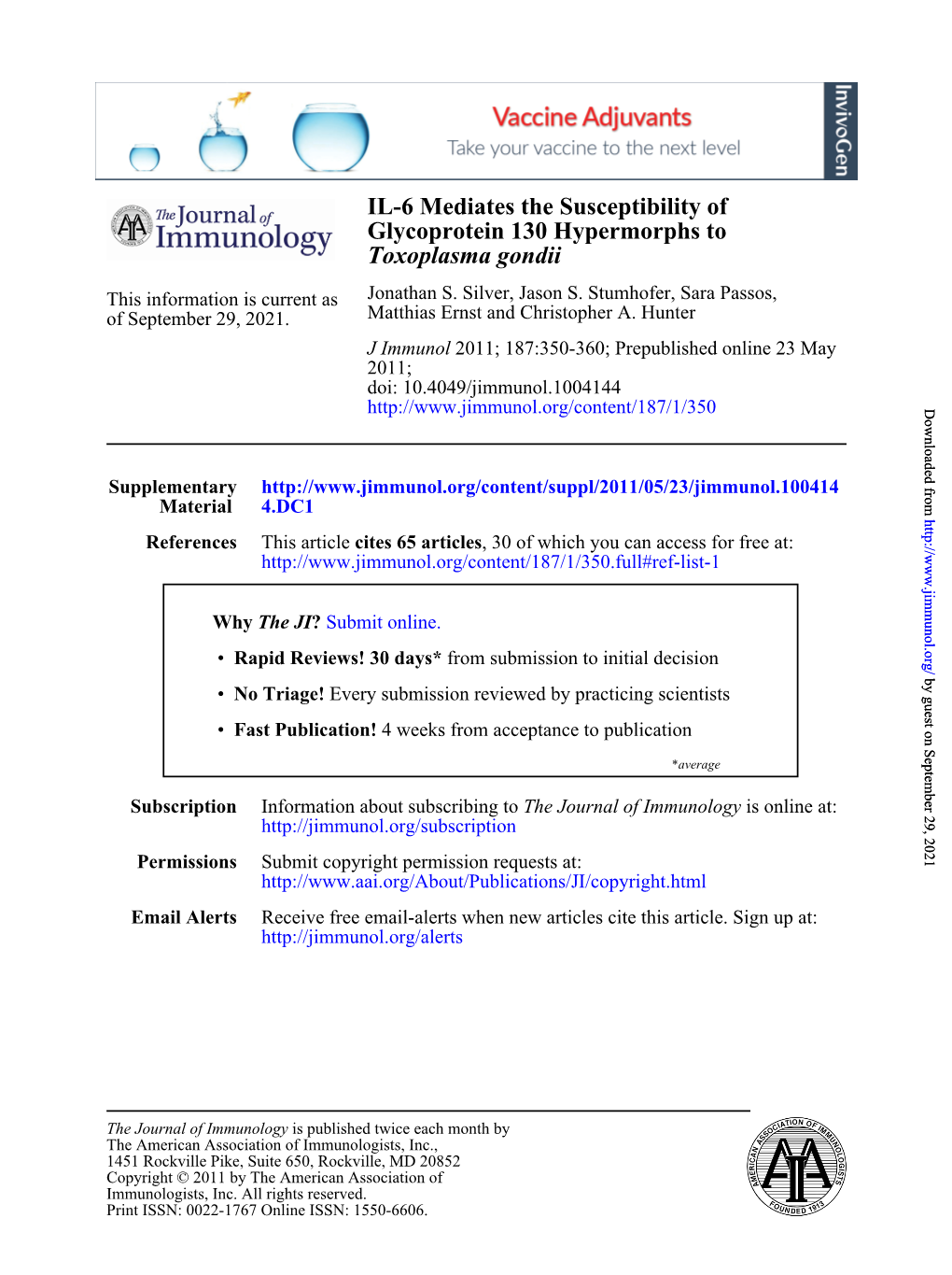 Toxoplasma Gondii Glycoprotein 130 Hypermorphs to IL-6 Mediates The