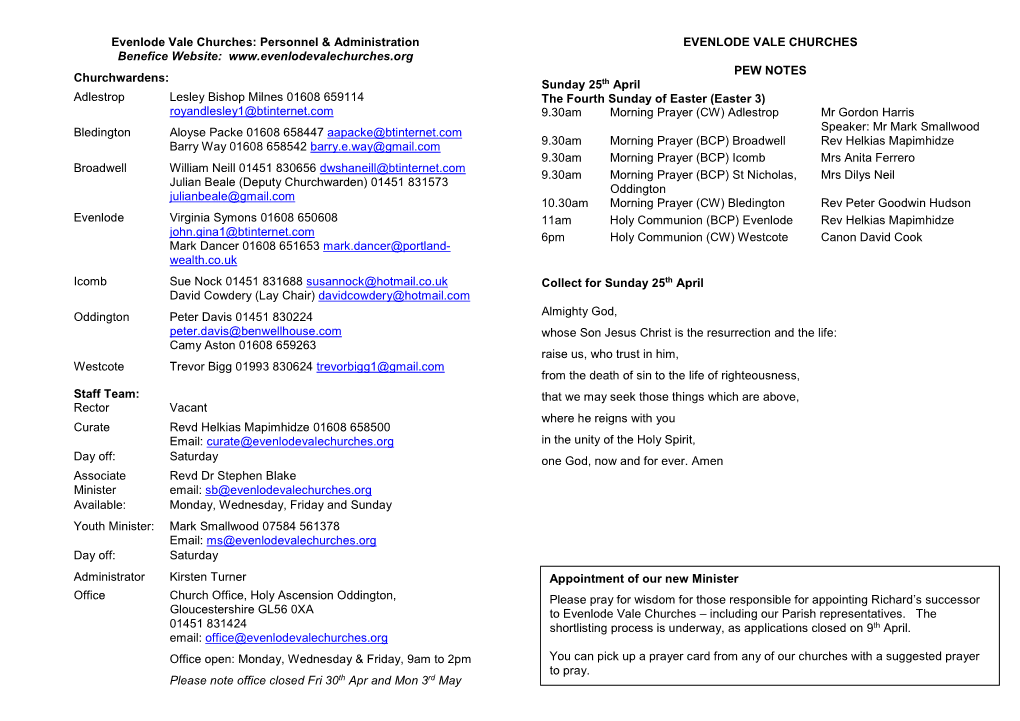 Evenlode Vale Churches: Personnel & Administration Benefice Website