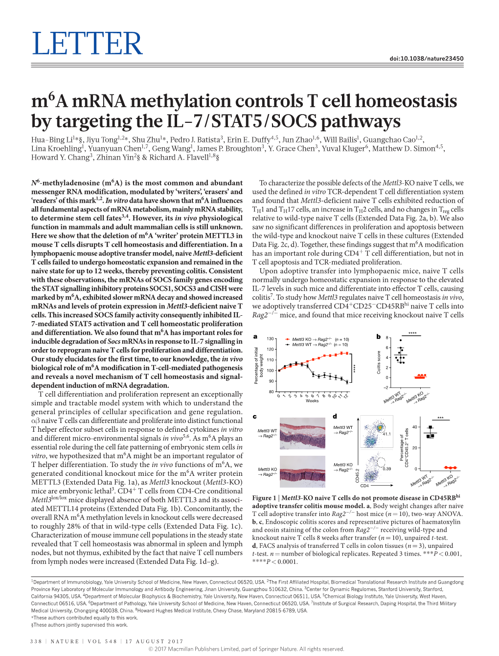 M6a Mrna Methylation Controls T Cell Homeostasis by Targeting the IL-7/STAT5/SOCS Pathways Hua-Bing Li1*§, Jiyu Tong1,2*, Shu Zhu1*, Pedro J