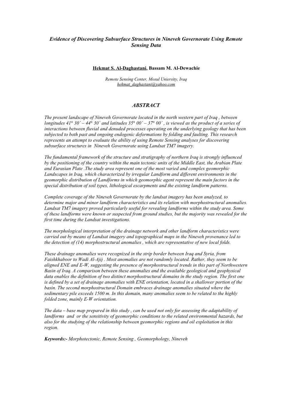 Evidence of Discovering Subsurface Structures in Nineveh Governorate Using Remote Sensing Data