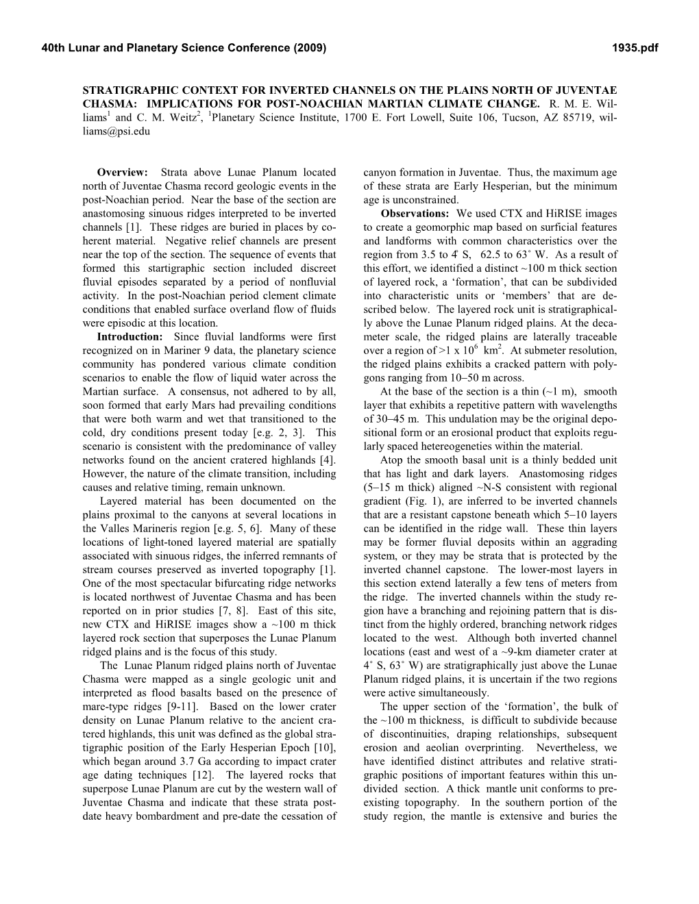 Stratigraphic Context for Inverted Channels on the Plains North of Juventae Chasma: Implications for Post-Noachian Martian Climate Change