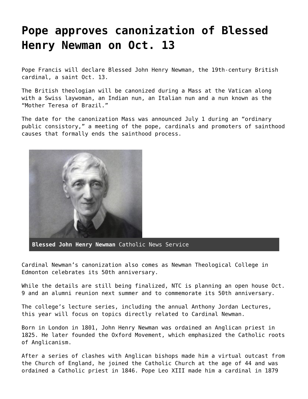 Pope Approves Canonization of Blessed Henry Newman on Oct. 13