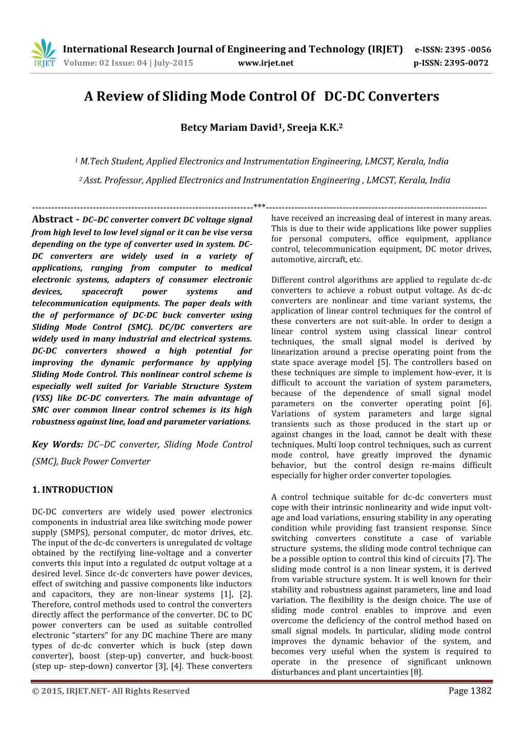 A Review of Sliding Mode Control of DC-DC Converters