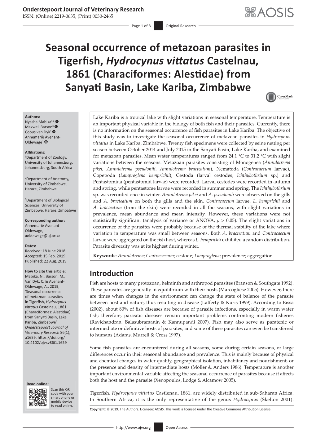 Seasonal Occurrence of Metazoan Parasites in Tigerfish, Hydrocynus Vittatus Castelnau, 1861 (Characiformes: Alestidae) from Sanyati Basin, Lake Kariba, Zimbabwe