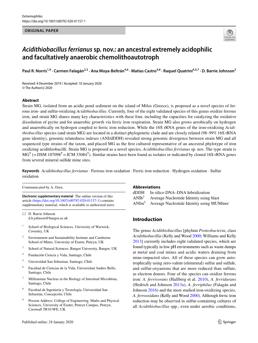 Acidithiobacillus Ferrianus Sp. Nov.: an Ancestral Extremely Acidophilic and Facultatively Anaerobic Chemolithoautotroph