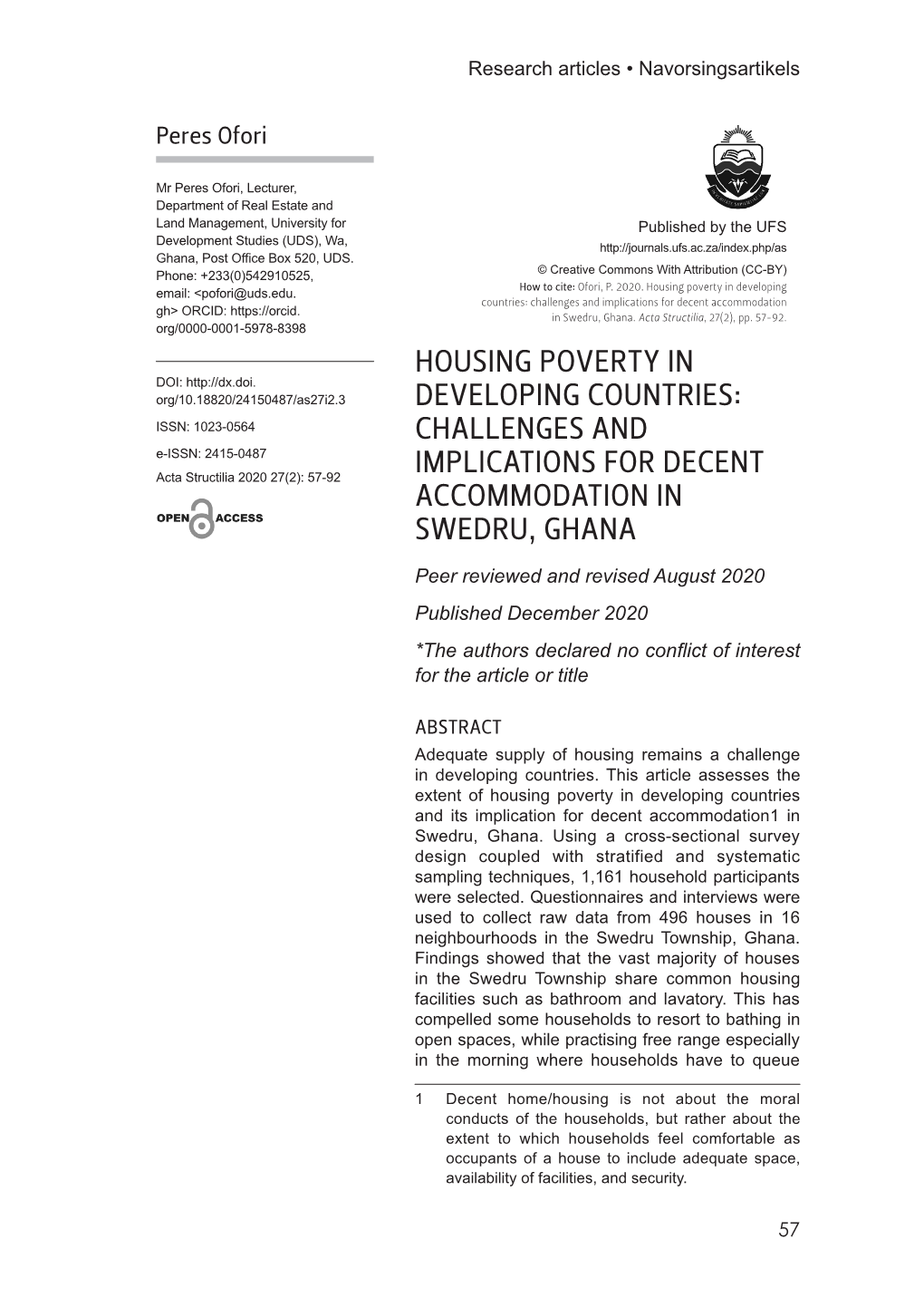 Housing Poverty in Developing Countries: Challenges and Implications for Decent Accommodation Gh> ORCID