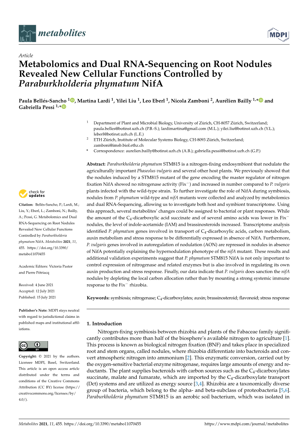 Metabolomics and Dual RNA-Sequencing on Root Nodules Revealed New Cellular Functions Controlled by Paraburkholderia Phymatum Nifa