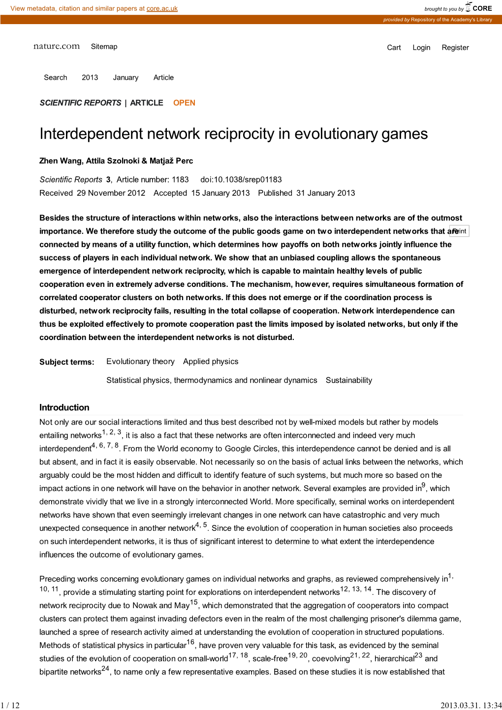 Interdependent Network Reciprocity in Evolutionary Games : Scientific R