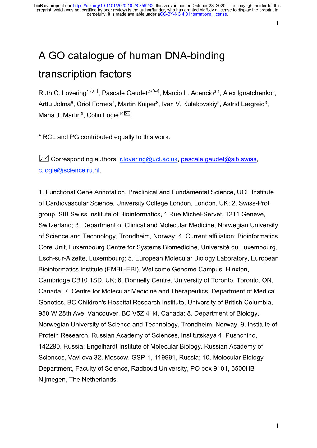 A GO Catalogue of Human DNA-Binding Transcription Factors