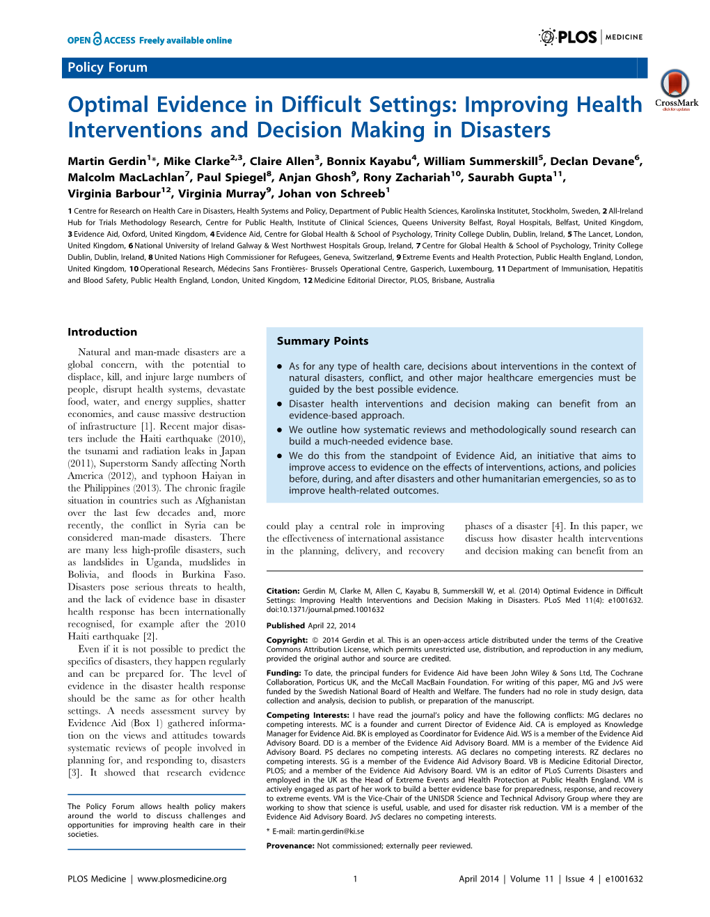 Improving Health Interventions and Decision Making in Disasters