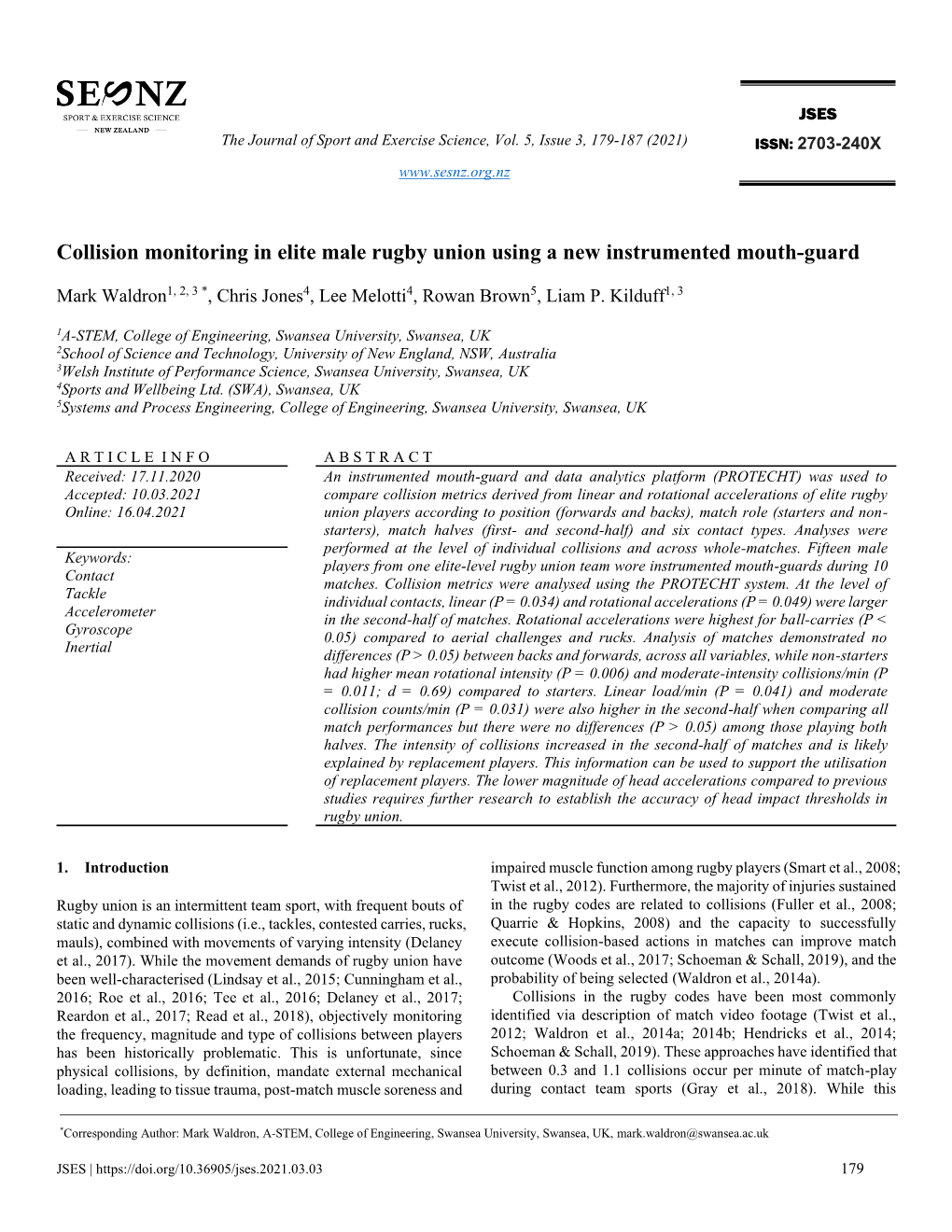 Collision Monitoring in Elite Male Rugby Union Using a New Instrumented Mouth-Guard