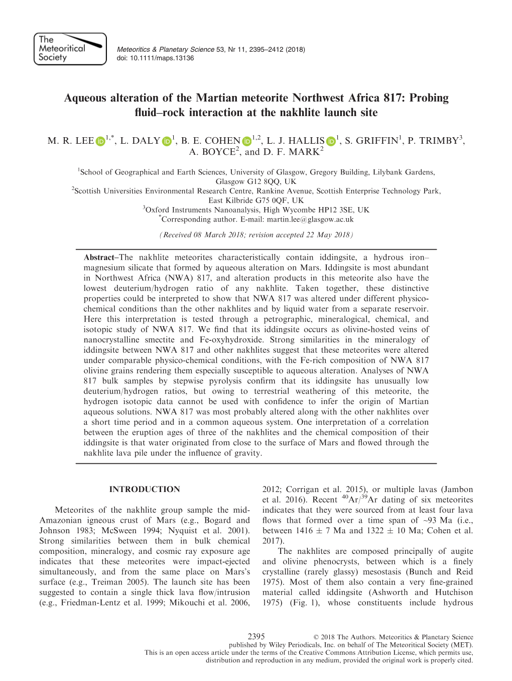 Aqueous Alteration of the Martian Meteorite Northwest Africa 817: Probing ﬂuid–Rock Interaction at the Nakhlite Launch Site