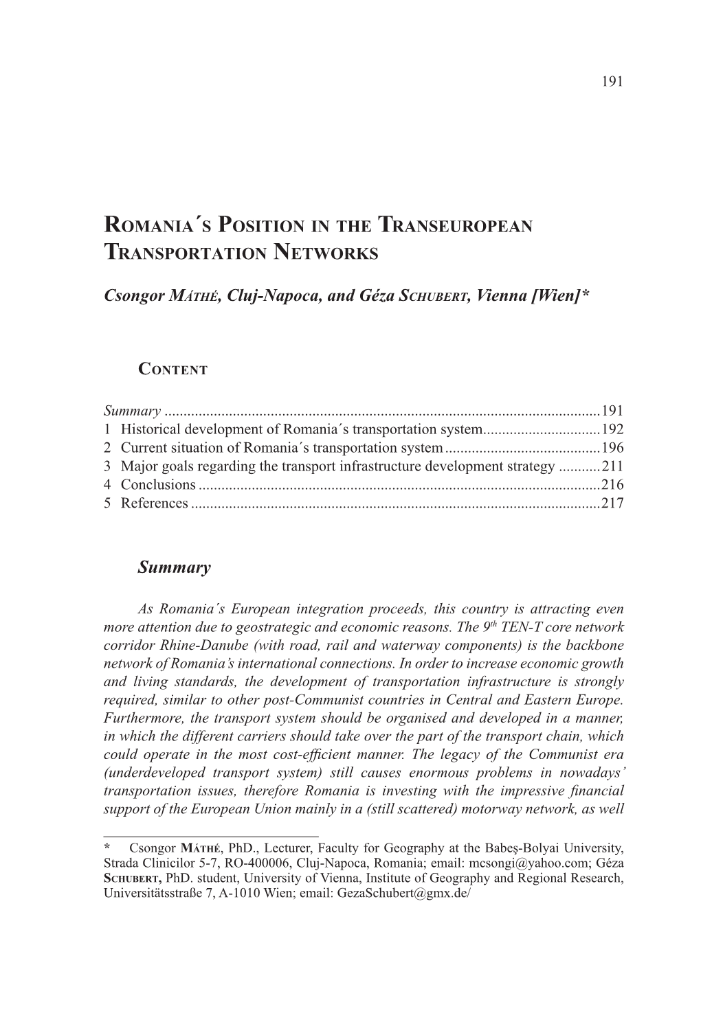 Romania´S Position in the Transeuropean Transportation