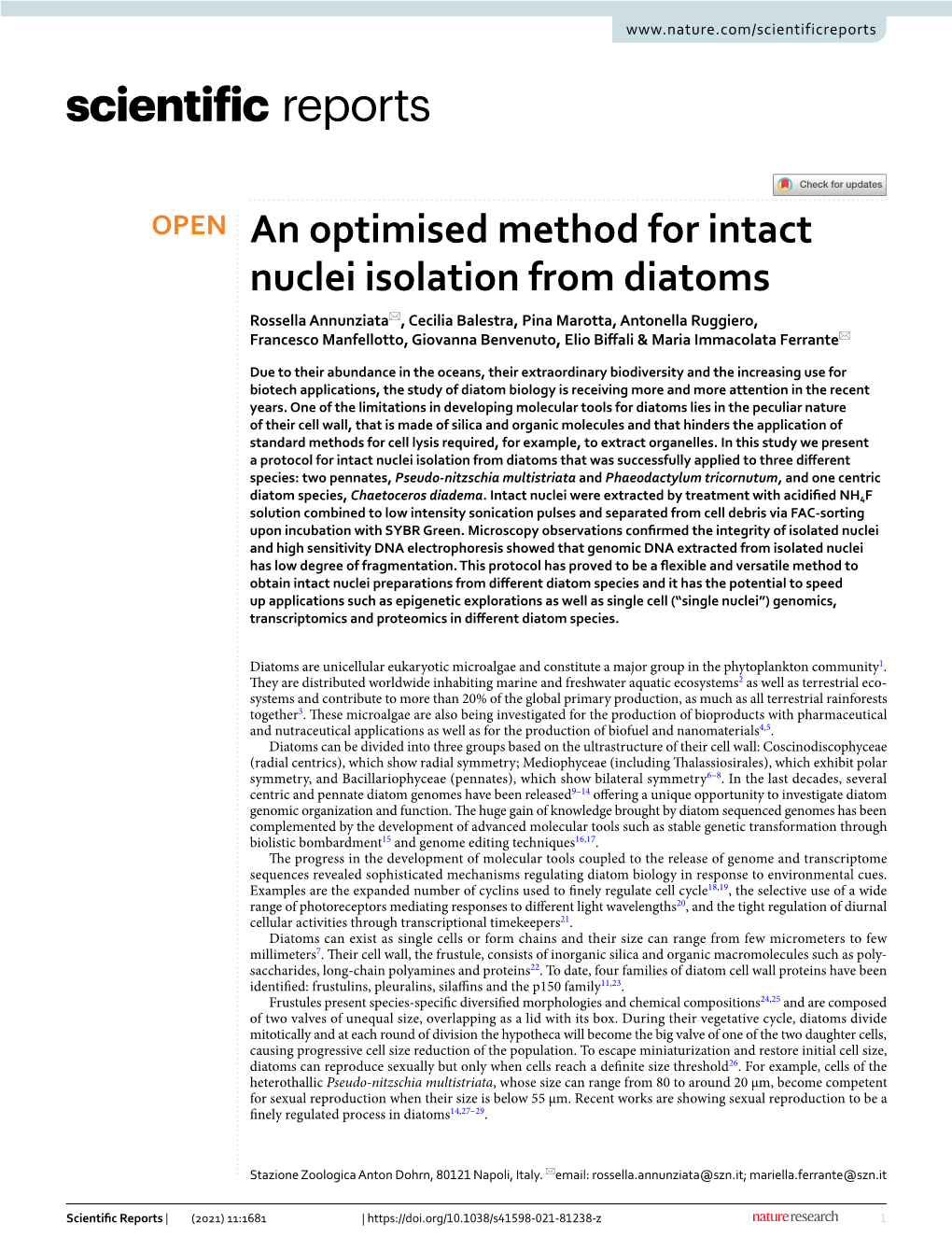 An Optimised Method for Intact Nuclei Isolation from Diatoms