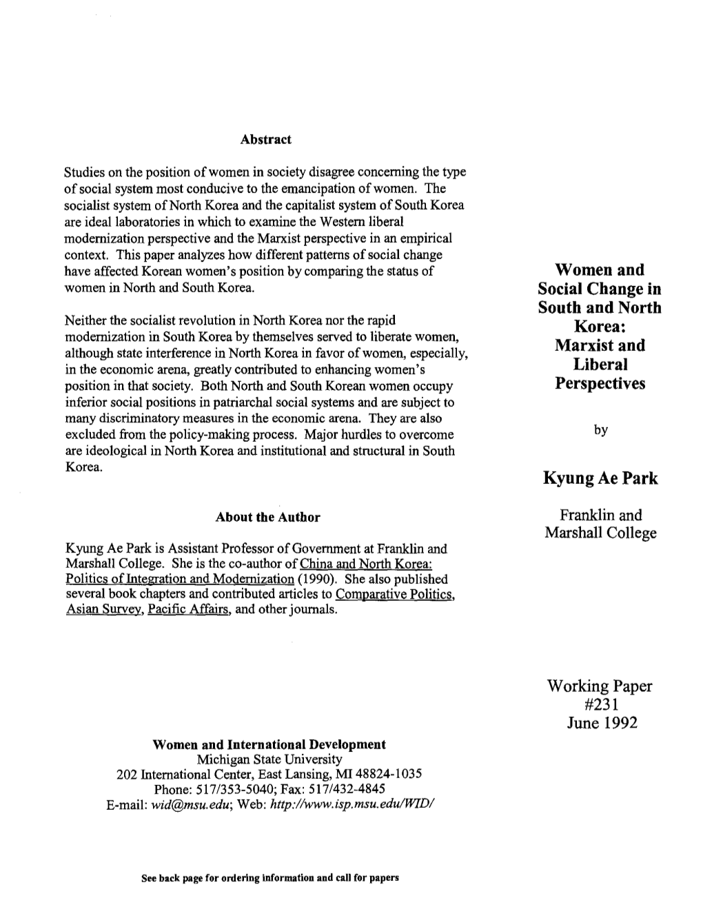 Women and Social Change in South and North Korea: Marxist And